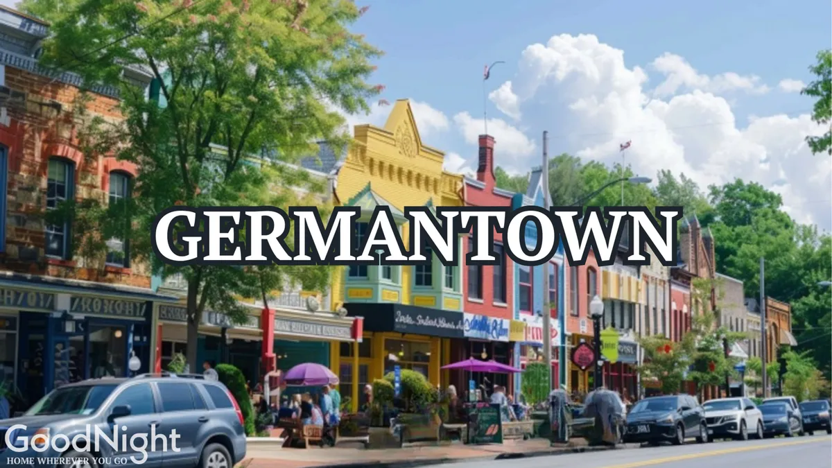 This lively street scene highlights colorful storefronts and people enjoying time outdoors, shaded by green trees. The image evokes the feel of a walkable, trendy neighborhood—perfect for dining, shopping, or people-watching, and reminiscent of the Germantown and local café experiences described in the text.